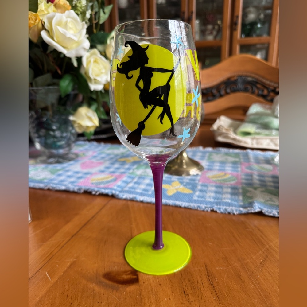 Witch Themed Wine Glass with Purple and Green Stem